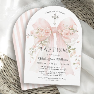 Invitación Bautismo Cristiano de Niña Lazo Floral Rosa
