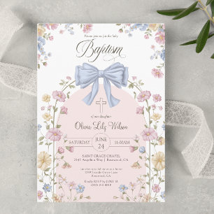 Invitación Bautismo Cristiano de Niña Pastel Curvado Flor Sil