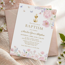 Invitación Bautismo cristiano de niña Pastel Floral Mariposa