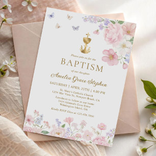 Invitación Bautismo cristiano de niña Pastel Floral Mariposa