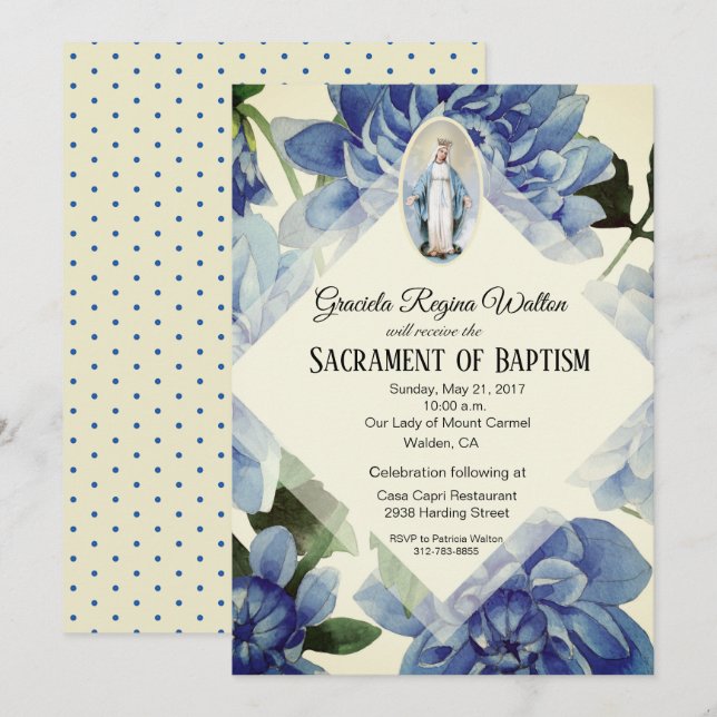 Invitación Bautismo cristiano Flores azules religiosas (Anverso / Reverso)