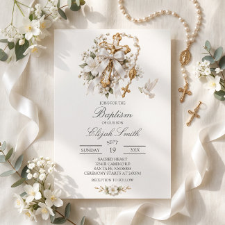 Invitación Bautismo cristiano niño/niña cruz de oro rosario