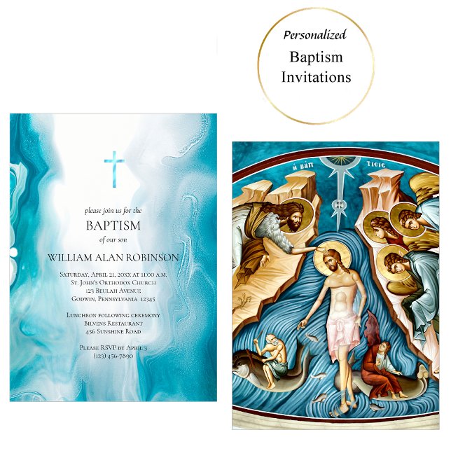 Invitación Bautismo cristiano ortodoxo azul en el mar Esmeral (Subido por el creador)