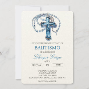 Invitación Bautismo crucifijo azul en español