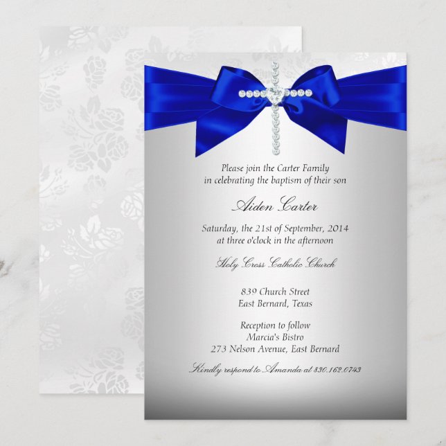 Invitación Bautismo Cruz Azul Real Blanco Plata (Anverso / Reverso)