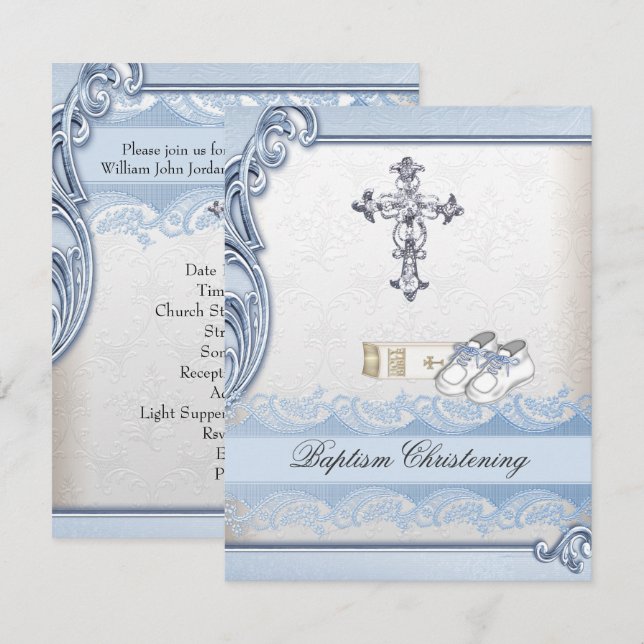 Invitación Bautismo Cruz Blanca Azul Niño Damasco (Anverso / Reverso)