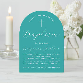 Invitación Bautismo Cruz de Arco Verde azulado y Christening 