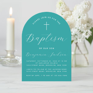 Invitación Bautismo Cruz de Arco Verde azulado y Christening