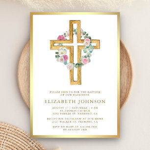 Invitación Bautismo Cruz de Madera Eucalipto Floral Rústico D