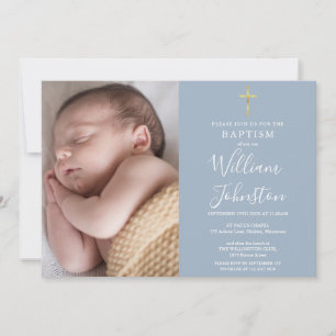 Invitación Bautismo Cruz Dorada Azul Polvoriento Foto