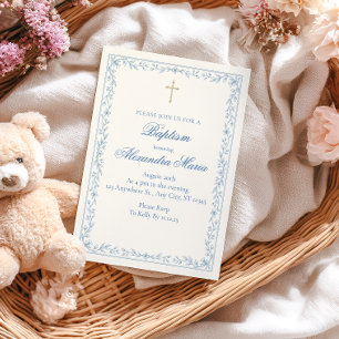 Invitación Bautismo Cruz Dorada Floral Azul