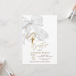 Invitación Bautismo Cruz Perlas Lazo Blanco Acuarela