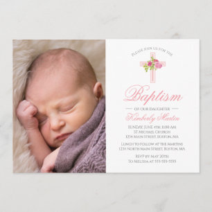 Invitación Bautismo Cruz rosa con foto floral de Rosas