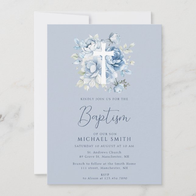 Invitación bautismo cruzado blanco floral azul polvoriento (Anverso)