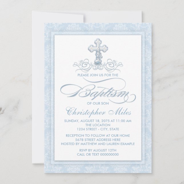 Invitación Bautismo cruzado de damasco azul (Anverso)