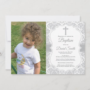 Invitación Bautismo cruzado de Damasco gris