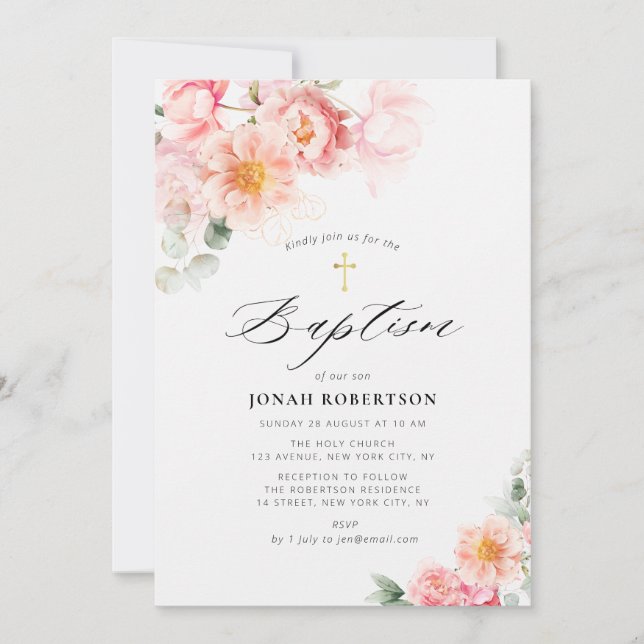 Invitación bautismo cruzado de oro floral rosa (Anverso)