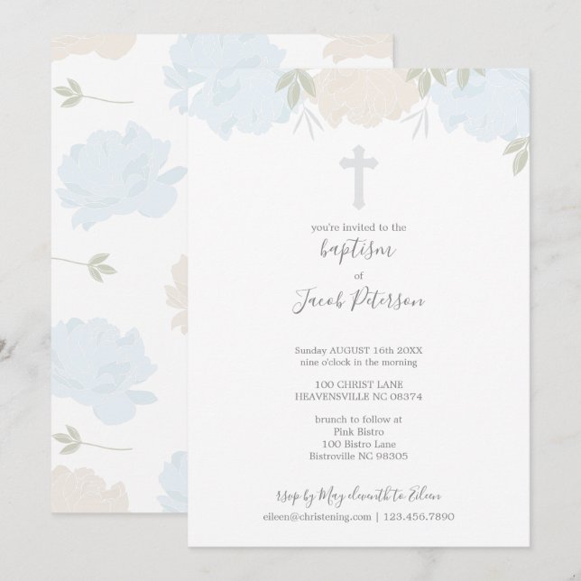 Invitación Bautismo cruzado del muchacho de los Peonies (Anverso / Reverso)
