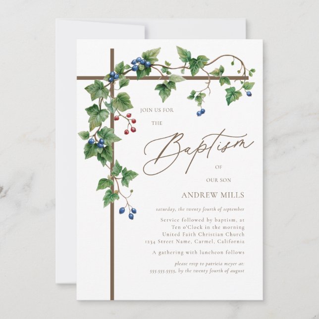 Invitación Bautismo cruzado marrón y carpintero cubierto de p (Anverso)