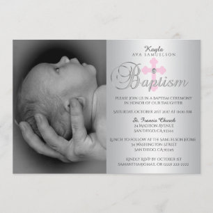 Invitación Bautismo cruzado rosado de plata magnífico de la