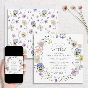 Invitación Bautismo de acuarela floral azul y lagarto
