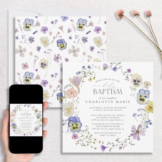 Invitación Bautismo de acuarela floral azul y lagarto (Subido por el creador)