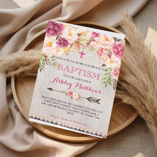 Invitación Bautismo de Acuarela Floral Rosa