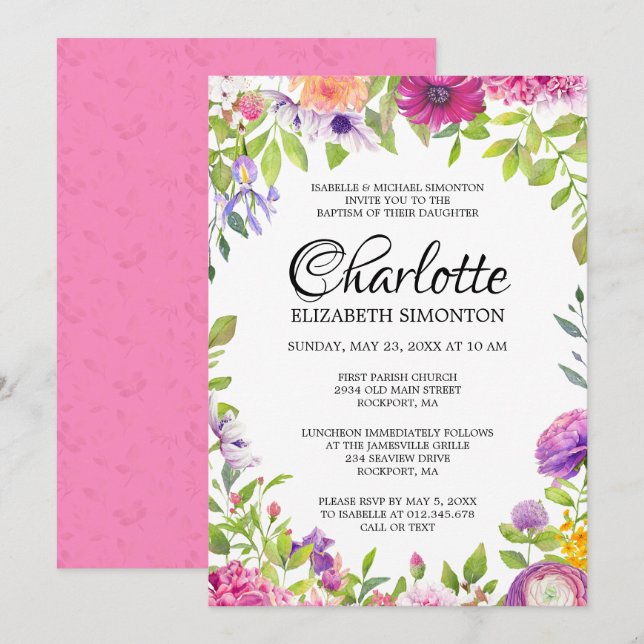Invitación Bautismo de acuarela floral rosa y púrpura (Anverso / Reverso)