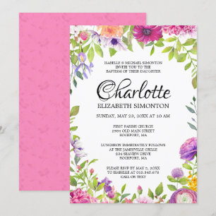 Invitación Bautismo de acuarela floral rosa y púrpura