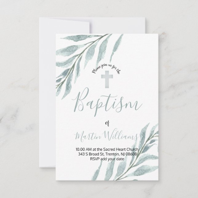Invitación bautismo de acuarela foliage (Anverso)