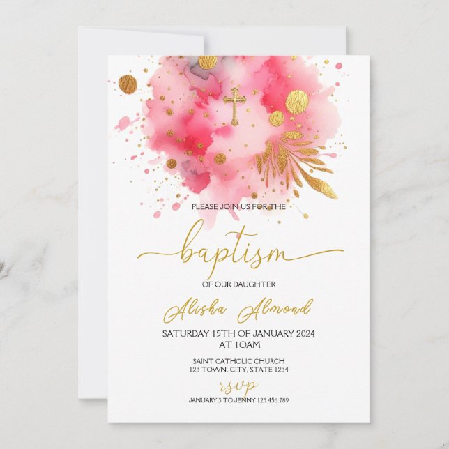 Invitación Bautismo de Acuarela Rosa y Dorado (Anverso)