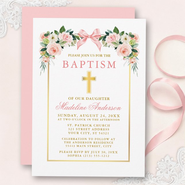 Invitación Bautismo de arco floral rosa acuarela con marco do (Customize to change text color, size, style or to change color of back of card.)