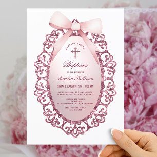 Invitación Bautismo de armazón rosado de marco Purpurina de v