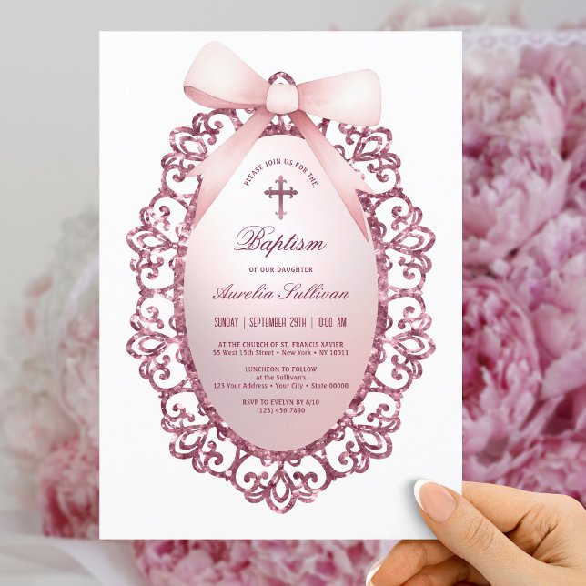 Invitación Bautismo de armazón rosado de marco Purpurina de v (Subido por el creador)