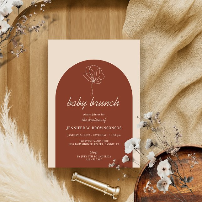 Invitación Bautismo de bebé boho simple botánico de terracota (Subido por el creador)