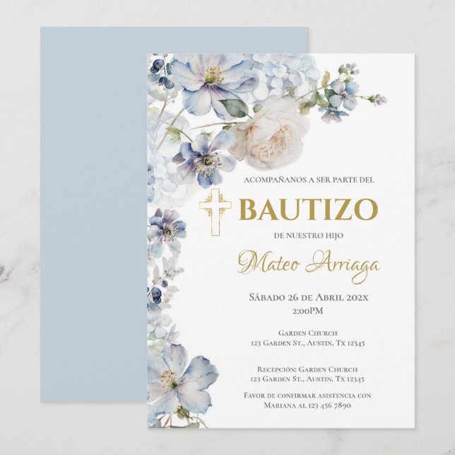 Invitación Bautismo de Boho Azul (Anverso / Reverso)