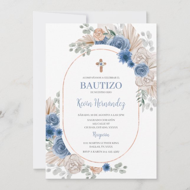 Invitación Bautismo de Boho Azul (Anverso)