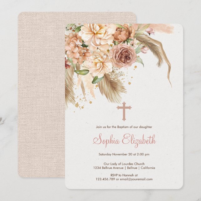 Invitación Bautismo de boho de pasto (Anverso / Reverso)