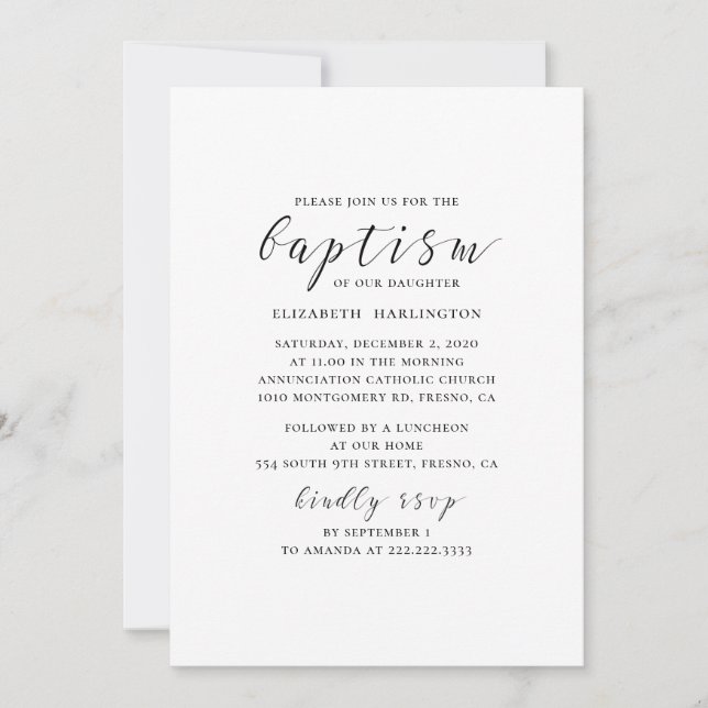Invitación Bautismo de caligrafía simple y moderna en blanco  (Anverso)