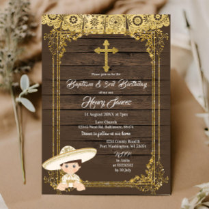 Invitación Bautismo de charro mexicano blanco y de oro y terc