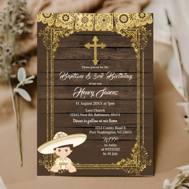 Invitación Bautismo de charro mexicano blanco y de oro y terc (Subido por el creador)