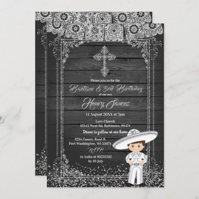 Invitación Bautismo de charro mexicano de plata negra y terce (Anverso / Reverso)