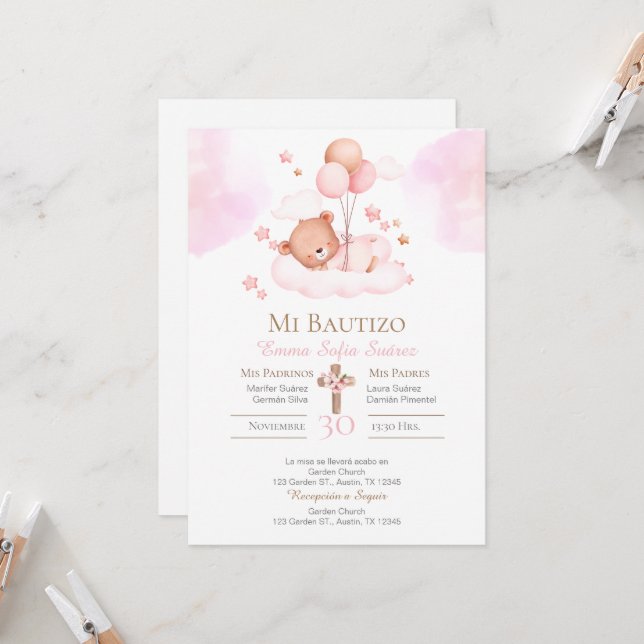 Invitación bautismo de chica con oso rosa y globos (Anverso/Reverso In Situ)