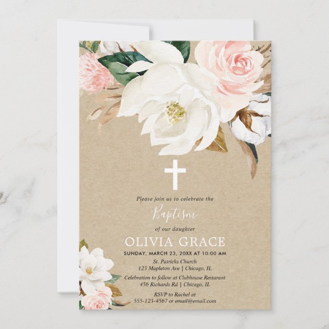 Invitación Bautismo de chica floral rugoso rosa blanco (Anverso)