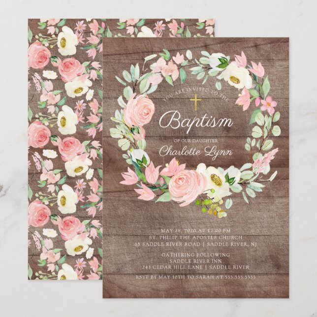 Invitación Bautismo de Chicas florales rosas rusas en Rubor (Anverso / Reverso)