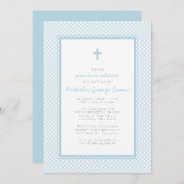 Invitación Bautismo de chico azul de Gingham