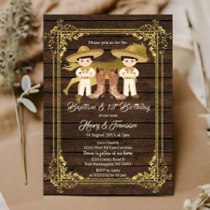 Invitación Bautismo de chico gemelo de oro y madera rústica d
