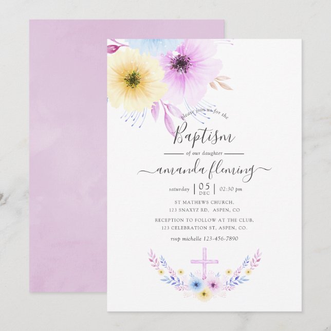 Invitación Bautismo de color rosa y azul pastel (Anverso / Reverso)