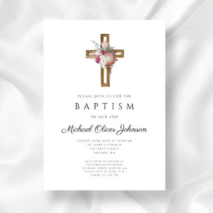 Invitación Bautismo de Cruz Bohemio Floral Elegante