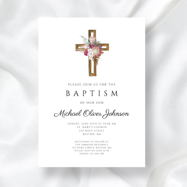 Invitación Bautismo de Cruz Bohemio Floral Elegante (Elegant Floral Boho Cross Baptism Invitation)